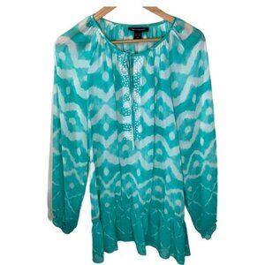 Ashley Stewart Women’s 14W Blue Boho Peasant Top Sheer Blouse